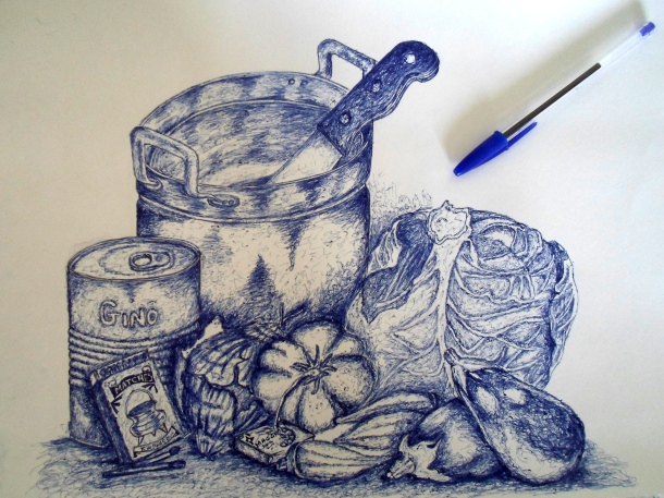 Pen Drawing / Still life (composition of vegetables) - cabbage, okro, tomato, egg plant/ garden eggs, onion, etc 